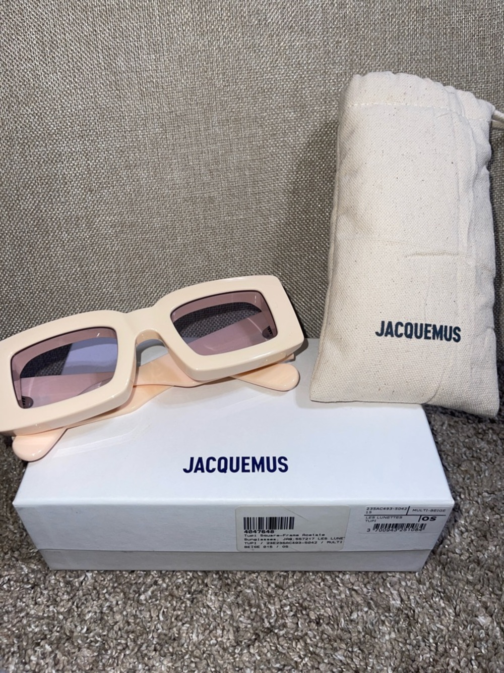 Jacquemus Pale Pink Rectangular Sunglasses with Purple Lenses